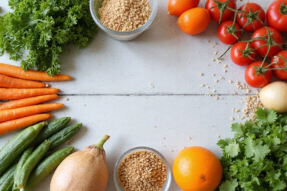 Various fresh and colorful ingredients on a kitchen counter